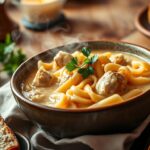 A warm bowl of homemade chicken and noodles, featuring tender shredded chicken, thick egg noodles, and a rich, creamy broth, garnished with fresh parsley.