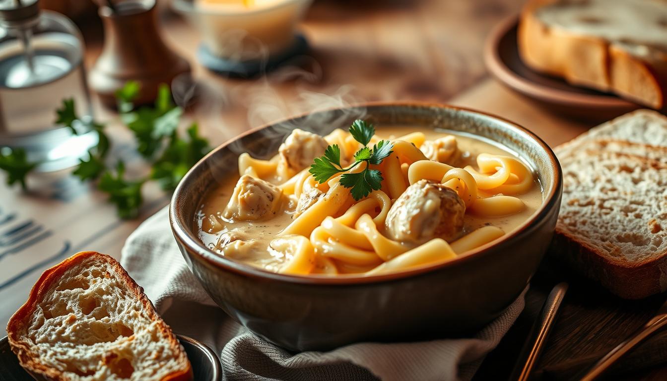 A warm bowl of homemade chicken and noodles, featuring tender shredded chicken, thick egg noodles, and a rich, creamy broth, garnished with fresh parsley.