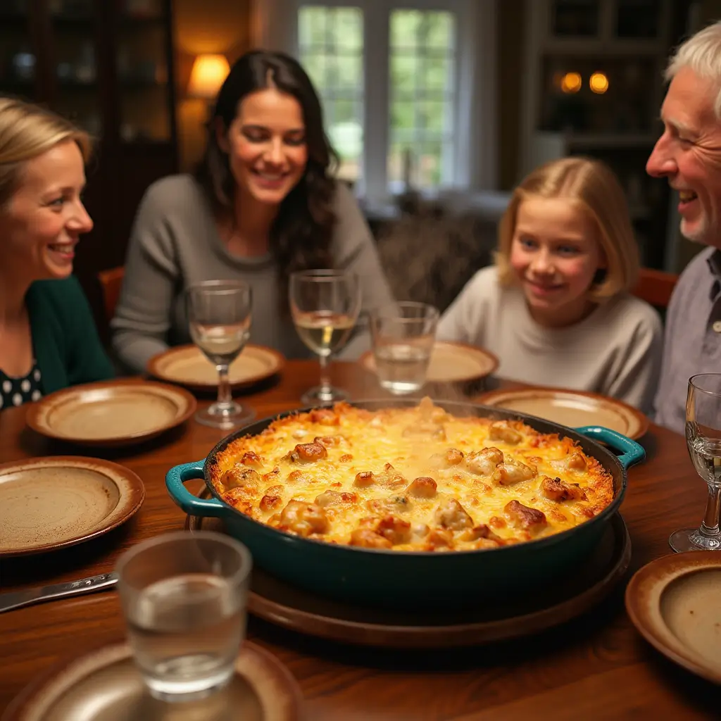 A family enjoying a golden-brown chicken casserole at a cozy dining table. The casserole dish is filled with creamy chicken, melted cheese, and veggies, steaming as it’s served. The table is set with rustic plates and glasses, creating a warm and inviting atmosphere."