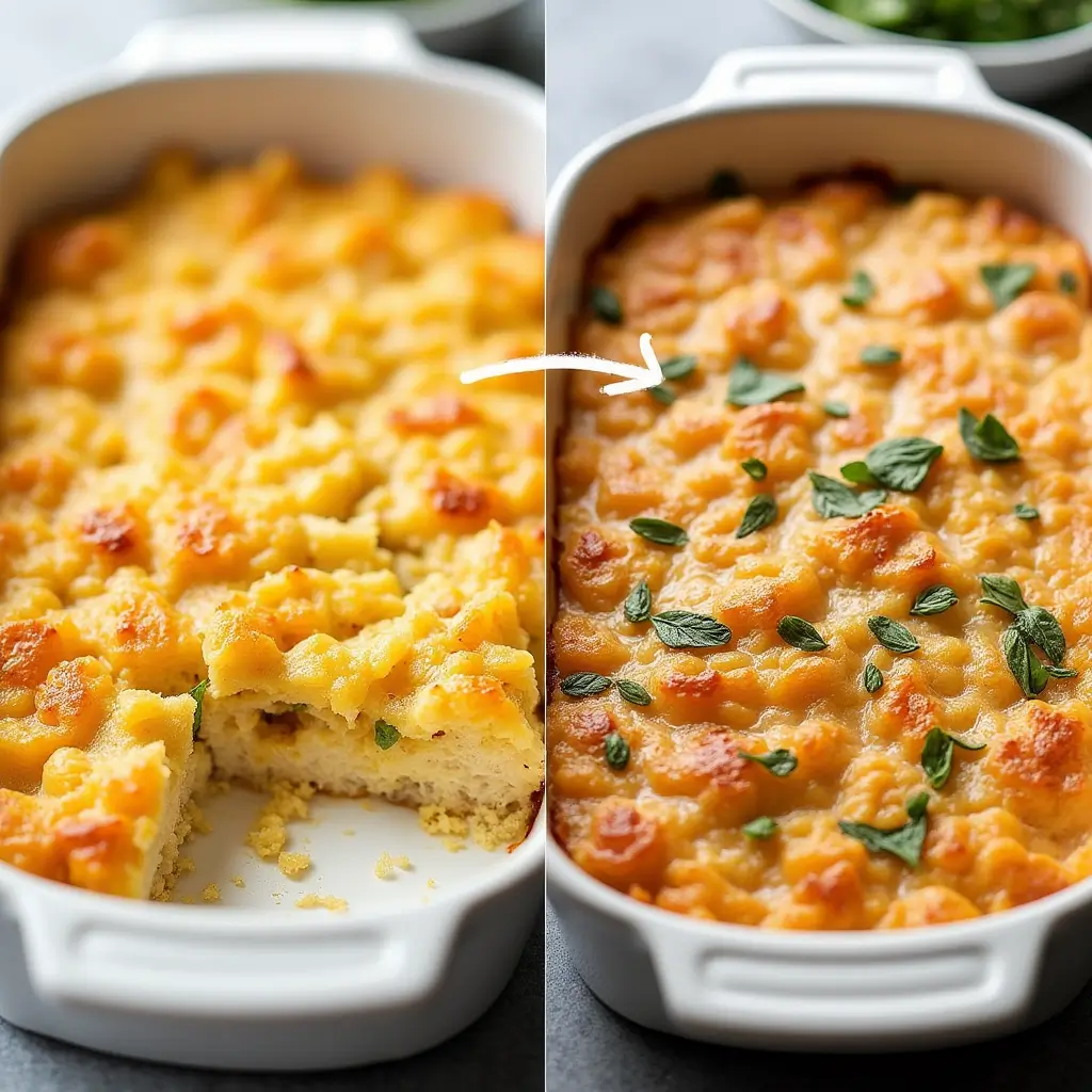 A split image: on one side, a perfectly baked chicken casserole with a golden, crispy topping; on the other, common mistakes like an overcooked casserole or one with too much liquid. The contrast highlights the tips and tricks for success.