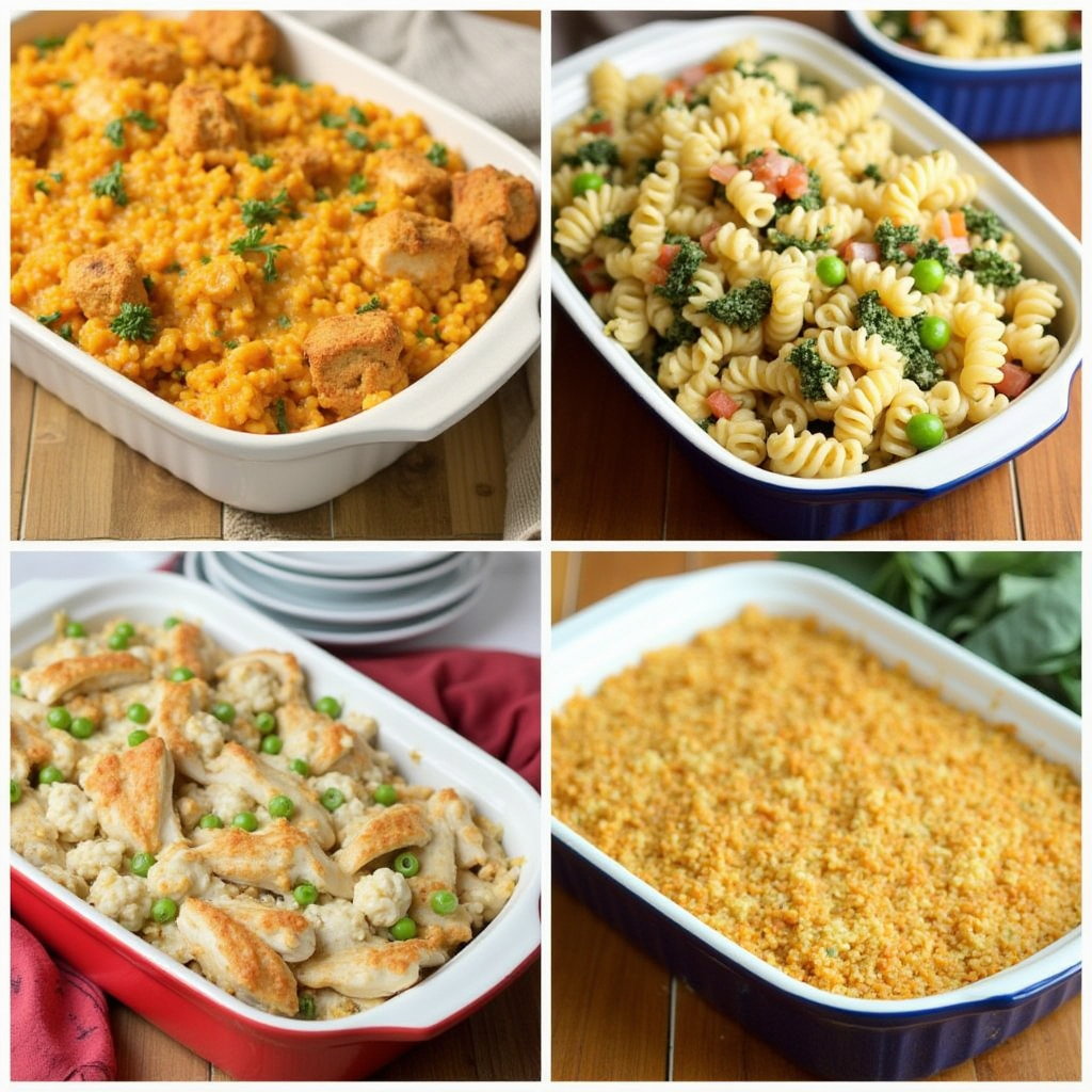 A colorful spread of four different chicken casserole variations: cheesy chicken and rice, chicken casserole with pasta, a healthy veggie-packed version, and a Southern-style casserole with a buttery cracker topping. Each dish is in a separate baking dish, arranged on a wooden table with fresh herbs as garnish.