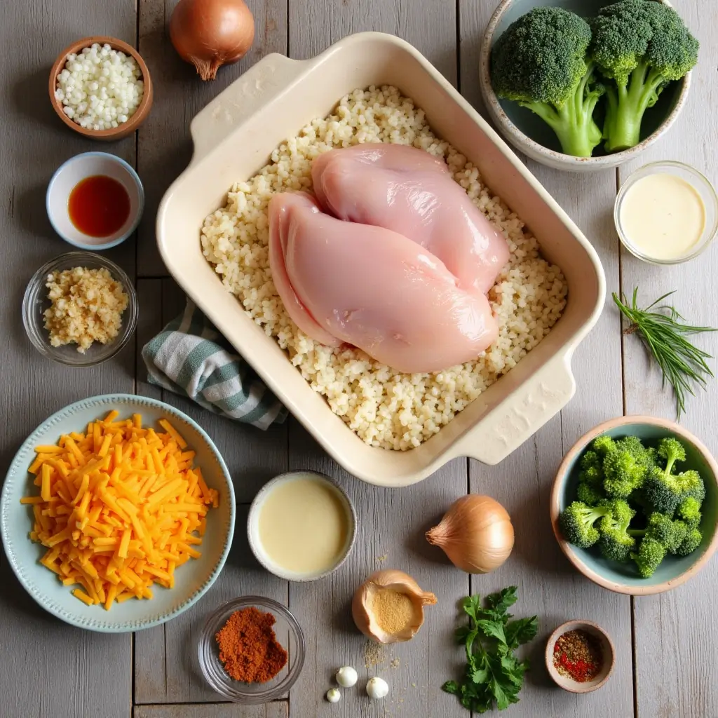 A flat-lay photo of ingredients for chicken casserole, including raw chicken breast, cream of mushroom soup, cheddar cheese, rice, onions, garlic, broccoli, and seasonings. The ingredients are neatly arranged on a wooden table with a rustic casserole dish and a recipe card in the background.