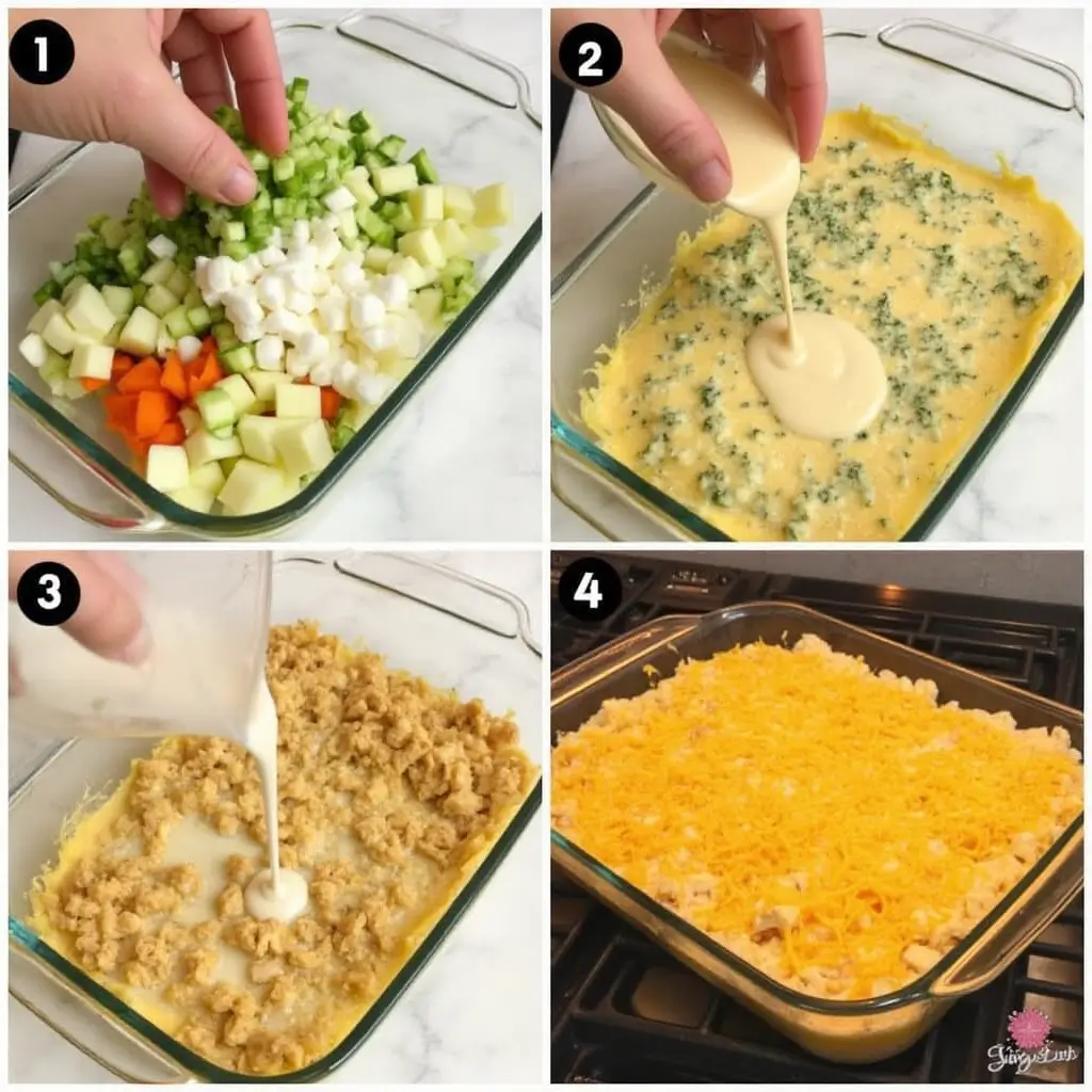 A step-by-step collage showing the process of making chicken casserole: chopping veggies, layering ingredients in a casserole dish, pouring creamy sauce, and baking in the oven. The final image shows the finished dish with a golden, crispy cheese topping, ready to be served.