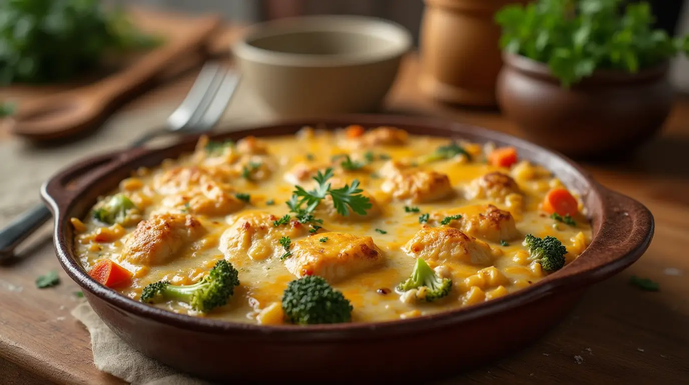 Golden-brown chicken casserole with melted cheese, broccoli, and carrots, served in a rustic ceramic dish on a wooden table.