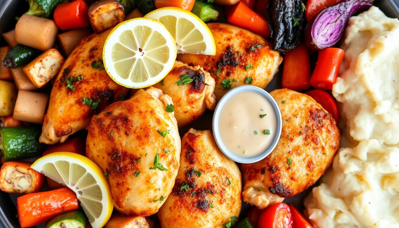 Juicy grilled chicken tenderloins served with fresh herbs and lemon slices.