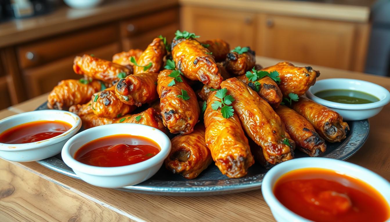 Crispy oven-baked chicken wings served with garlic butter sauce and fresh parsley garnish.