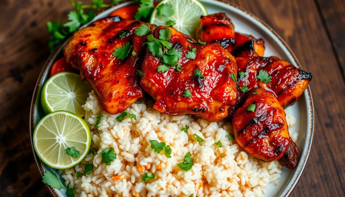 Smoky chipotle chicken, perfectly grilled and coated in a rich, spicy marinade, served with fresh lime wedges and garnished with cilantro.