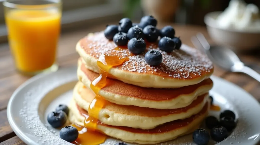 A stack of fluffy, golden-brown cottage cheese pancakes on a white plate, drizzled with maple syrup and topped with fresh blueberries and powdered sugar, set on a rustic wooden table with orange juice and whipped cream in the background.