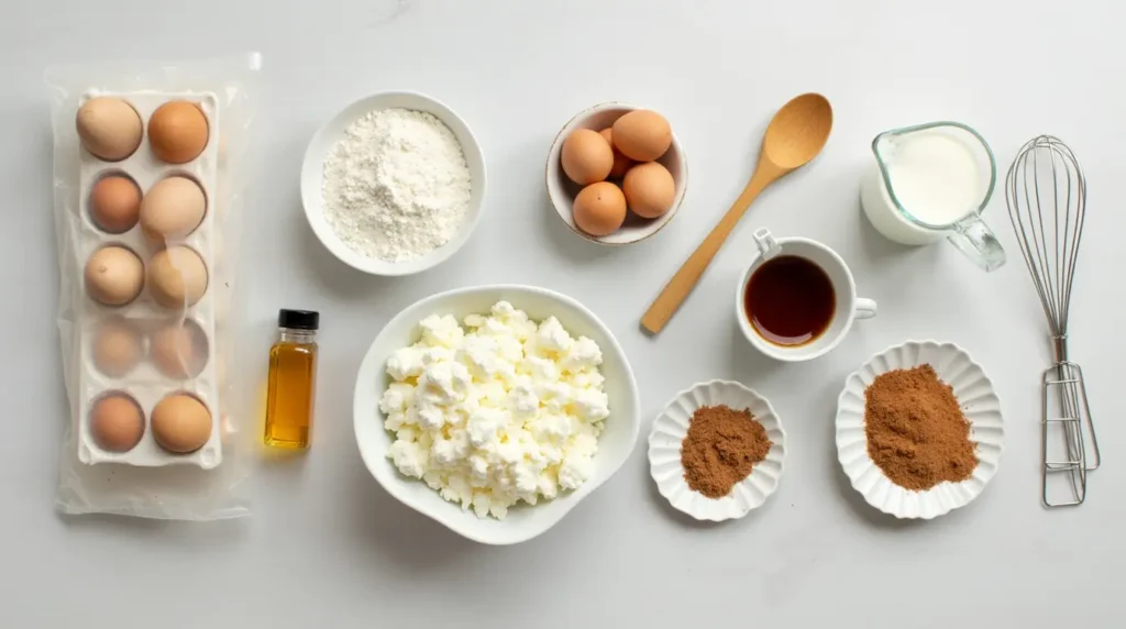 A flat-lay of ingredients for cottage cheese pancakes, including cottage cheese, eggs, flour, baking powder, vanilla extract, cinnamon, and milk, arranged neatly on a light-colored kitchen counter with a wooden spoon and whisk. Soft natural lighting highlights the freshness of the ingredients.