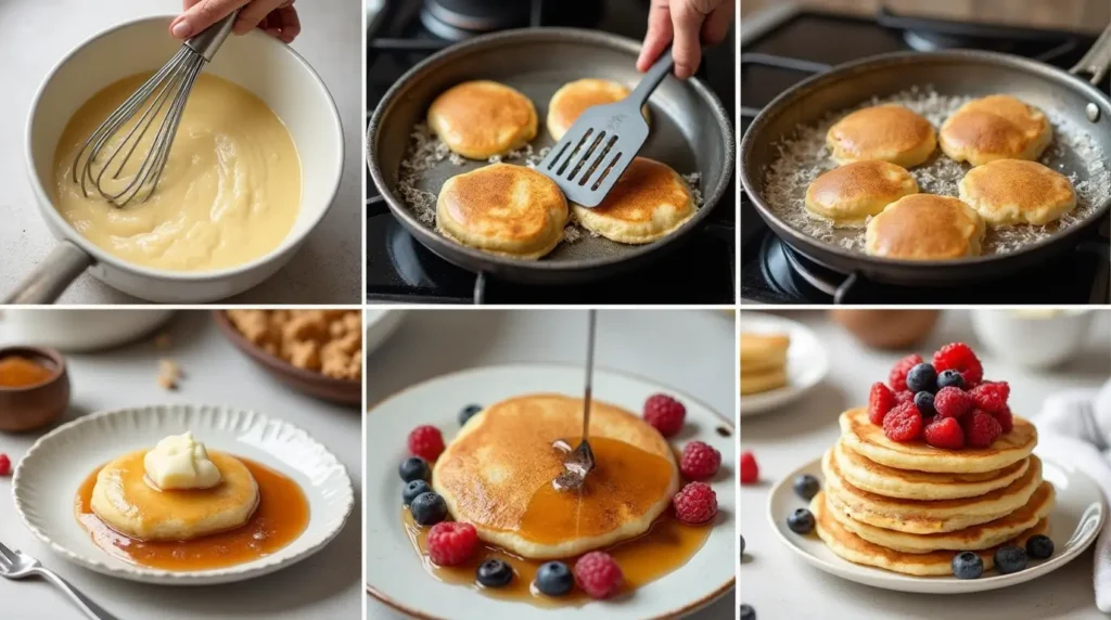 A step-by-step collage of making cottage cheese pancakes: mixing batter in a bowl, cooking pancakes in a skillet, flipping a golden-brown pancake, and a stack of fluffy pancakes topped with maple syrup and fresh berries, arranged in a clean grid layout with warm, natural lighting.