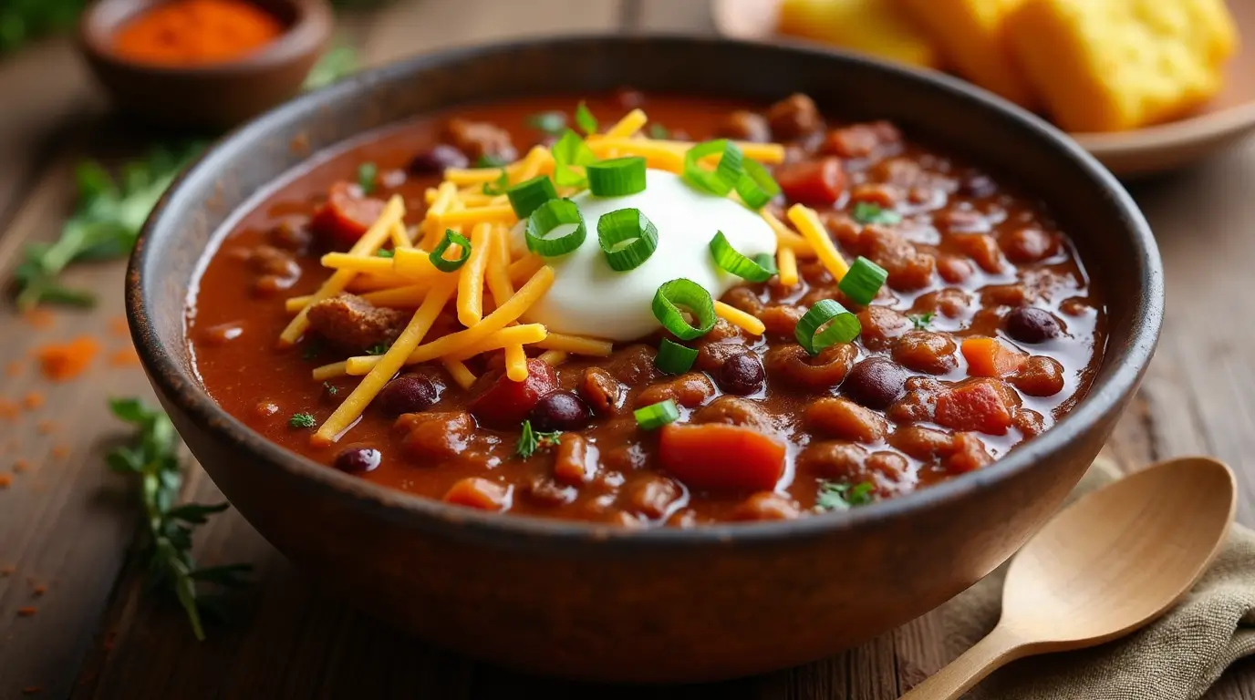 A bowl of hearty deer chili with tender venison, beans, and diced tomatoes, topped with shredded cheese, sour cream, and green onions. Served on a rustic wooden table with cornbread and a wooden spoon nearby, showcasing a cozy homemade meal.