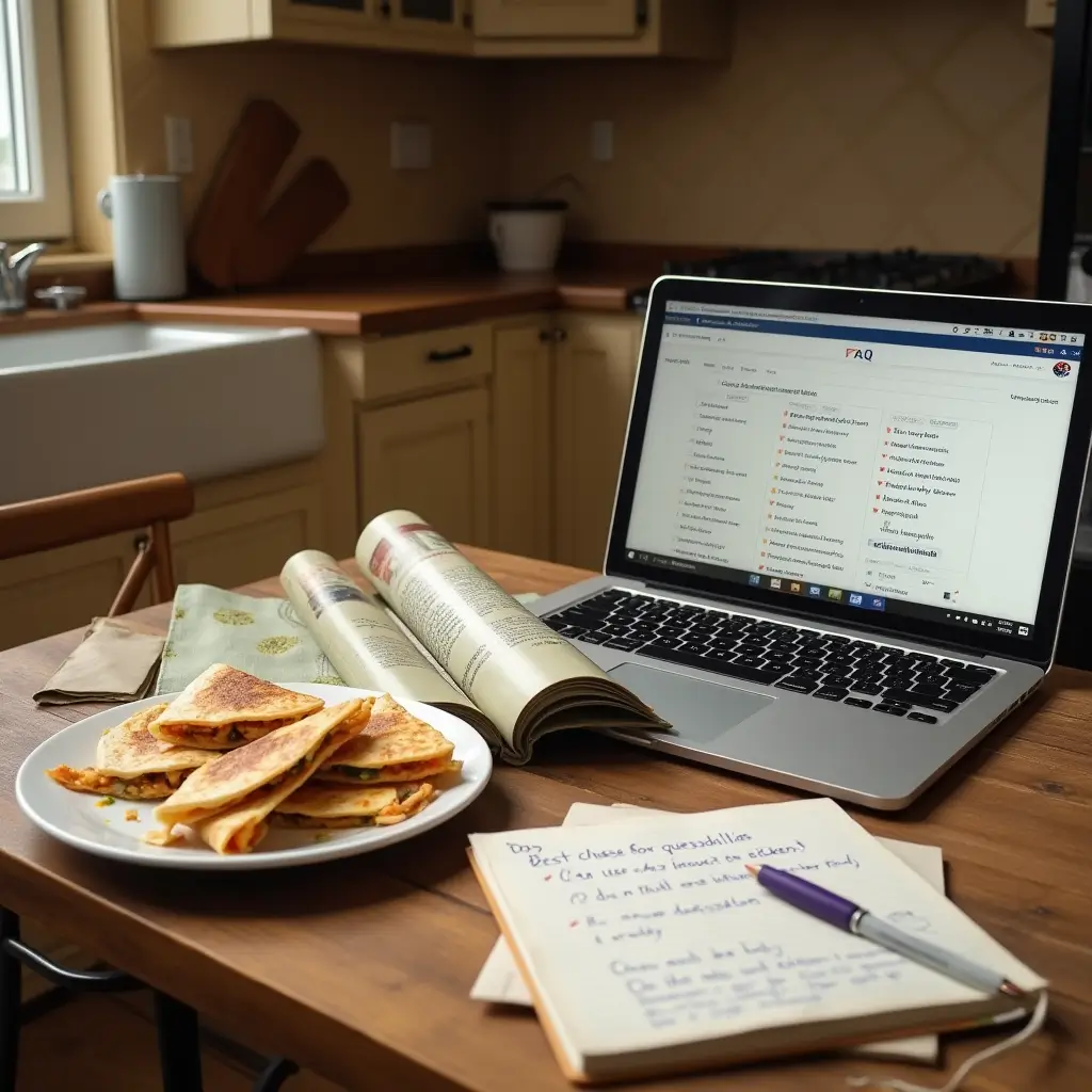 A cozy kitchen scene with a plate of chicken quesadillas, an open cookbook showing a quesadilla recipe, and a laptop displaying a FAQ page. Handwritten notes with questions like 'Best cheese for quesadillas?' and 'Can I use leftover chicken?' are visible on the counter, emphasizing the helpful and informative nature of the FAQs section.