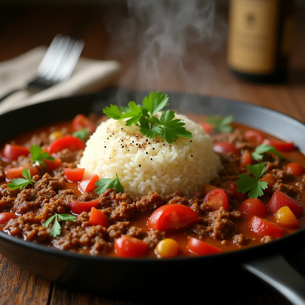 A sizzling one-pot ground beef and rice skillet with browned ground beef, fluffy white rice, diced tomatoes, and chopped onions, cooked together in a cast-iron skillet. Garnished with fresh parsley and black pepper, set on a wooden table with rustic lighting.