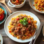 A vibrant blog banner featuring a variety of ground beef and rice dishes, including a one-pot skillet, stuffed peppers, a Mexican casserole, a stir fry, and a pilaf. The dishes are arranged on a rustic wooden table with warm lighting. Bold text reads: '10 Easy Ground Beef and Rice Recipes to Try Tonight.'"