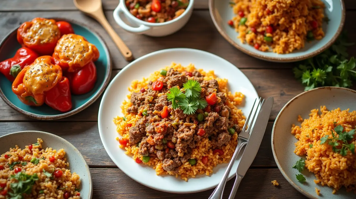 A vibrant blog banner featuring a variety of ground beef and rice dishes, including a one-pot skillet, stuffed peppers, a Mexican casserole, a stir fry, and a pilaf. The dishes are arranged on a rustic wooden table with warm lighting. Bold text reads: '10 Easy Ground Beef and Rice Recipes to Try Tonight.'"