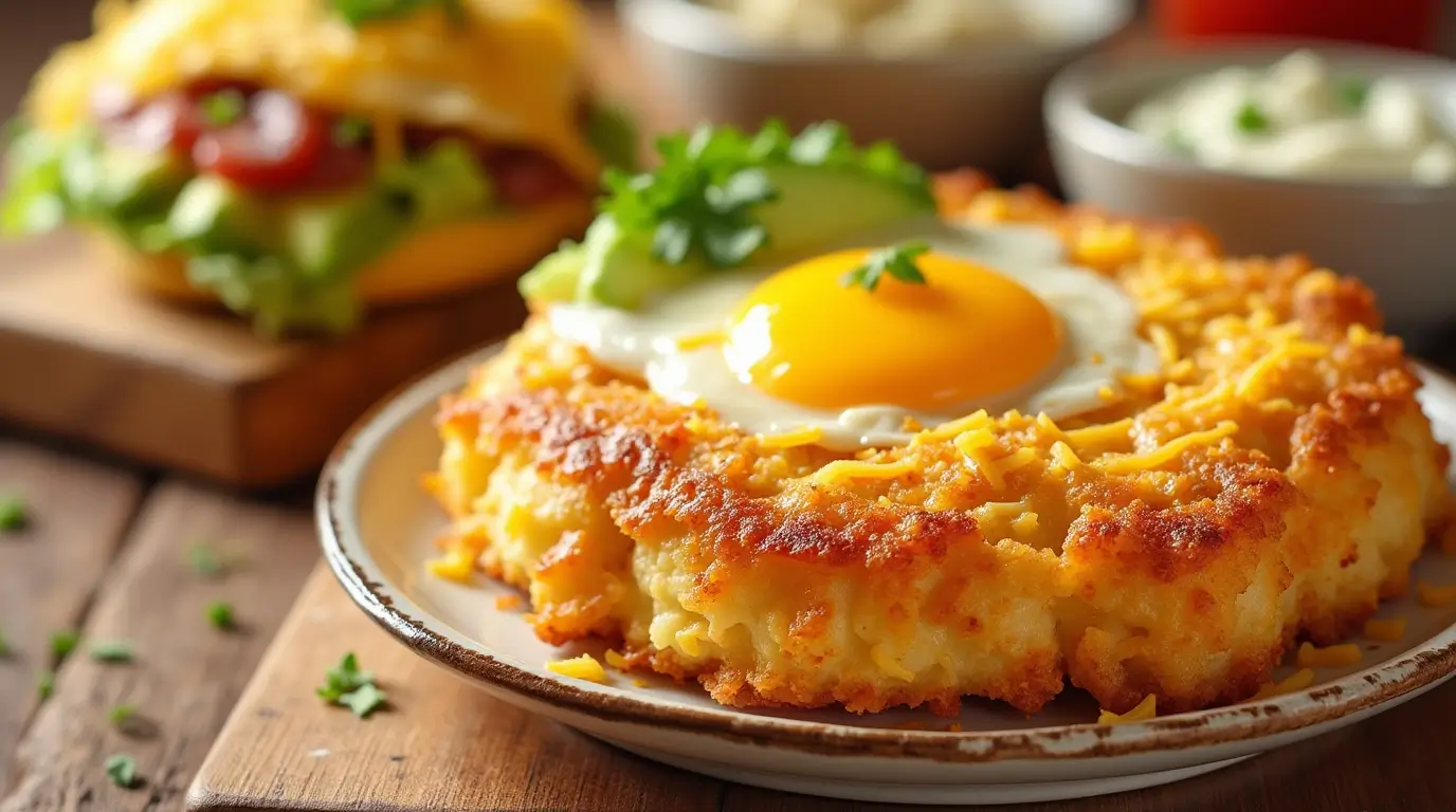 Variety of delicious hash brown dishes, including crispy shredded hash browns, cheesy hash brown casserole, loaded hash brown bowl with avocado and egg, hash brown waffle, and restaurant-style hash brown patty, arranged on a bright kitchen table with natural lighting.