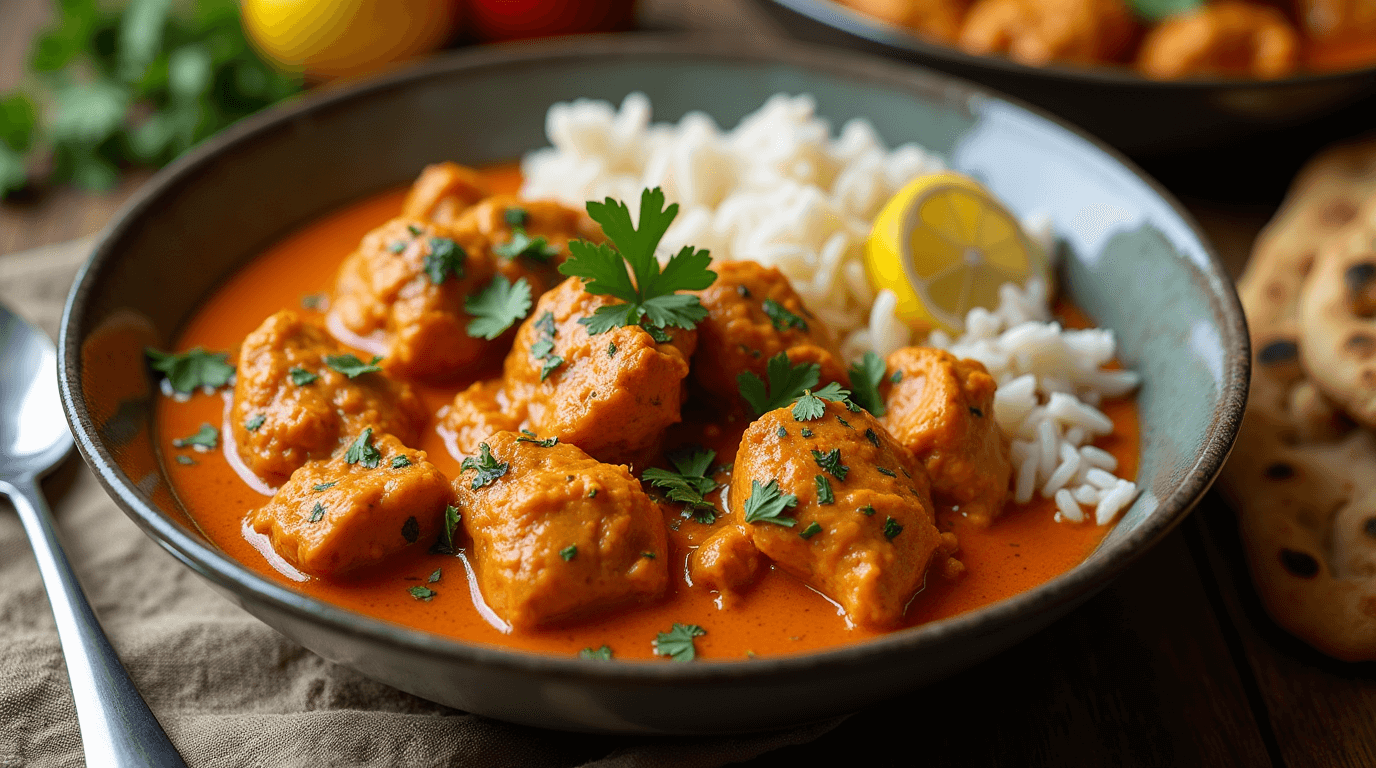 A step-by-step image of preparing Indian chicken curry, showing diced onions sautéing in olive oil, spices being added, and the curry cooking in a pan with chicken, tomato paste, yogurt, and coconut milk.