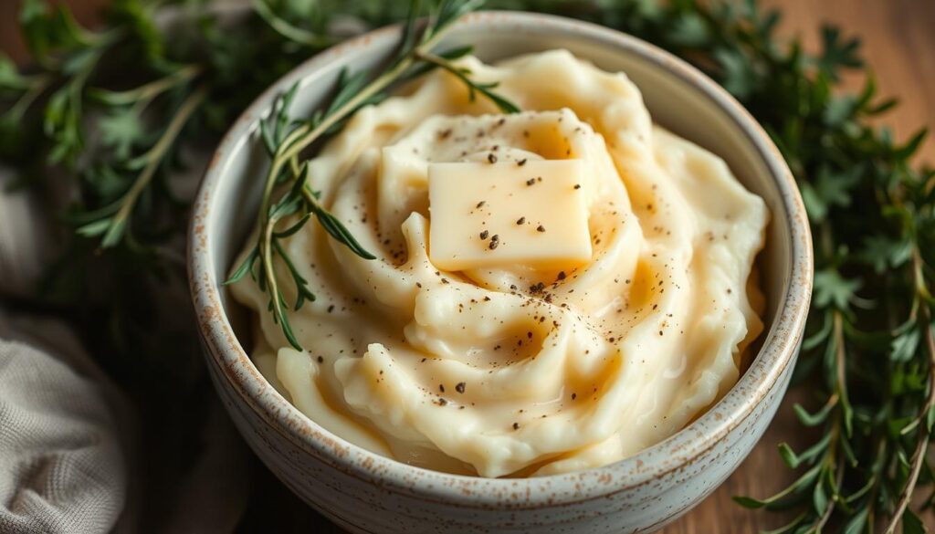 Delicious creamy mashed potatoes served in a bowl, garnished with fresh herbs.