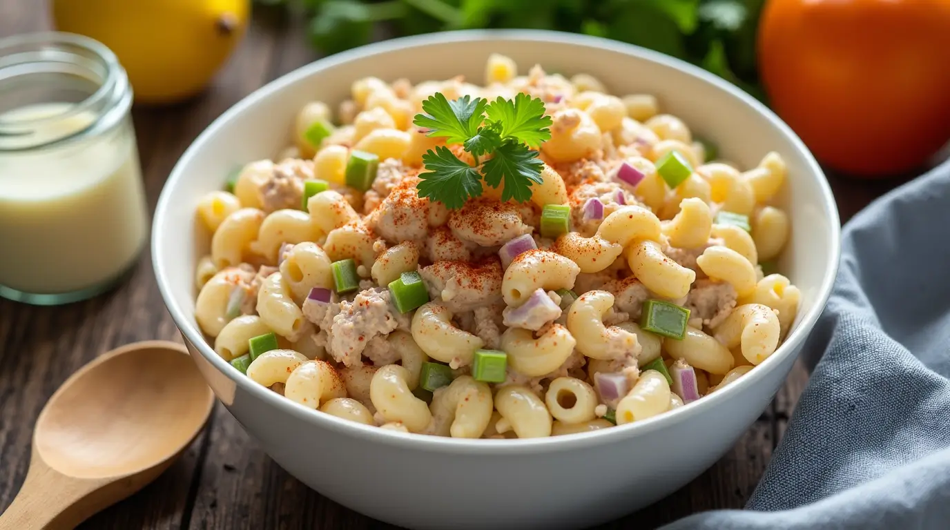 A creamy and delicious classic tuna macaroni salad served in a white bowl, garnished with paprika and parsley, placed on a rustic wooden table with summer-themed props like a lemon wedge and a jar of mayonnaise.