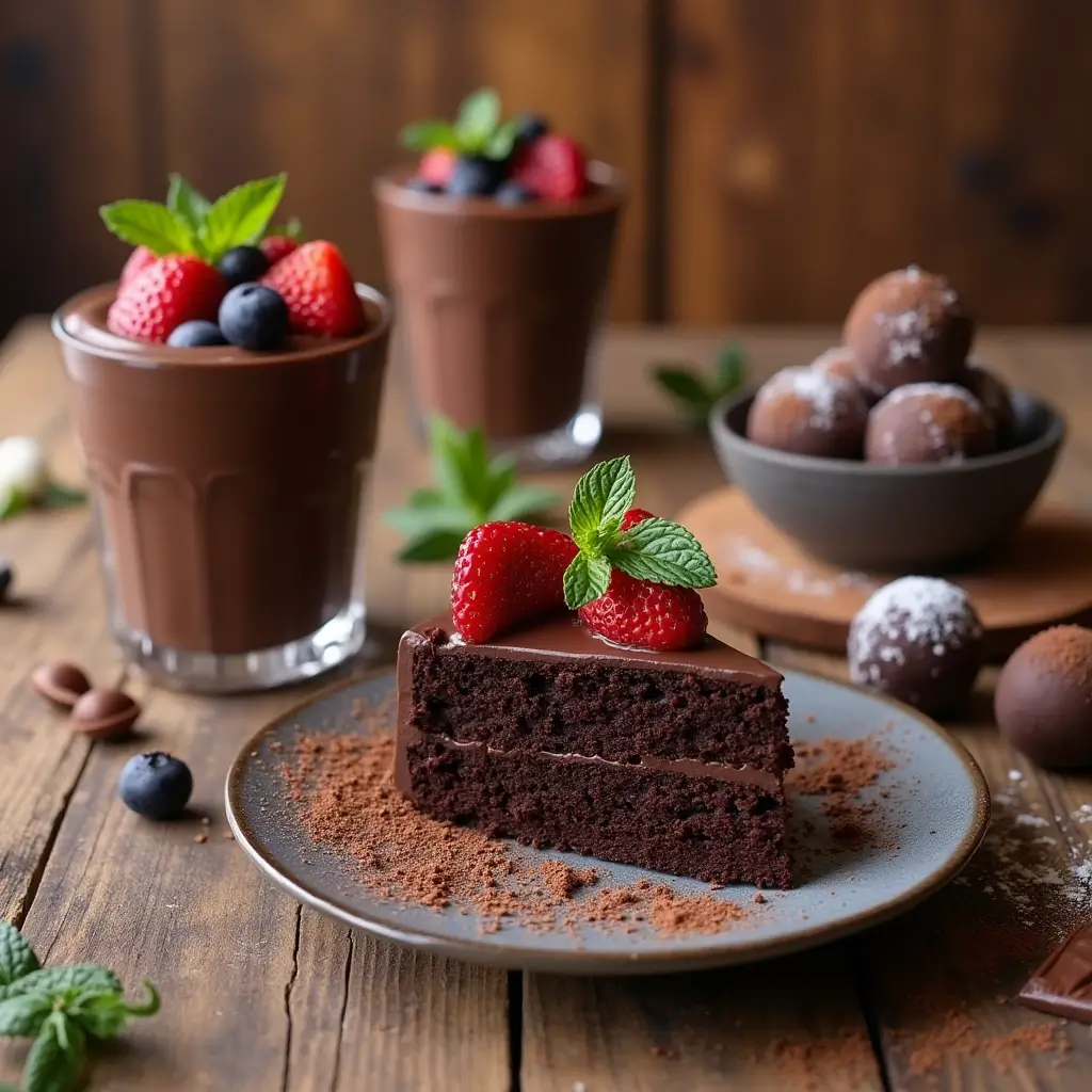 A collection of delicious vegan dessert recipes for chocolate lovers, including chocolate cake, brownies, mousse, and truffles, beautifully arranged on a rustic table.