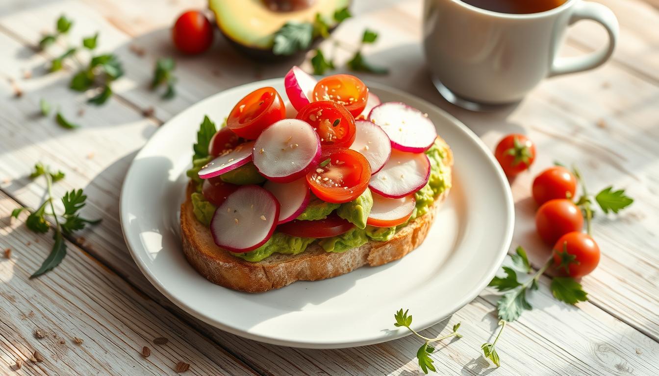 A freshly made avocado toast topped with sliced avocado, cherry tomatoes, and seasonings on whole-grain bread.