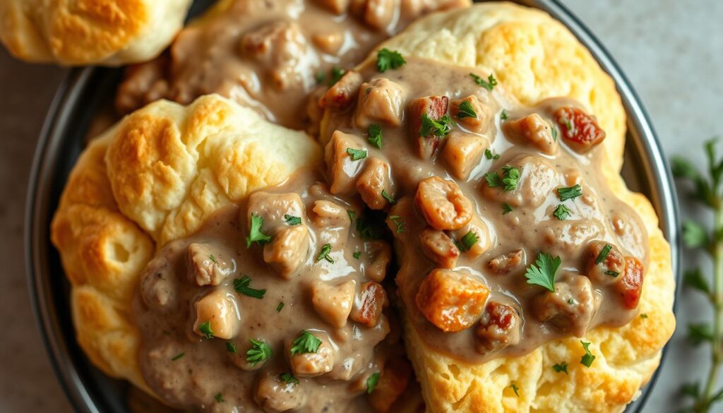 A plate of homemade biscuits smothered in creamy sausage gravy, garnished with black pepper.