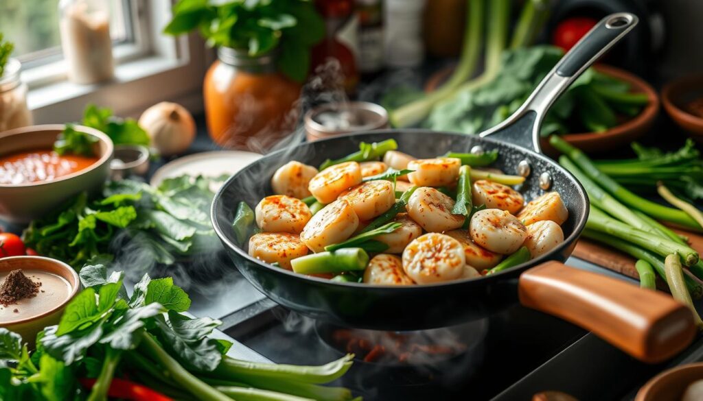 Stir-fried scallops with fishcakes and greens sauce preparation