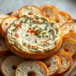 A bowl of creamy bagel dip surrounded by sliced bagels for dipping.