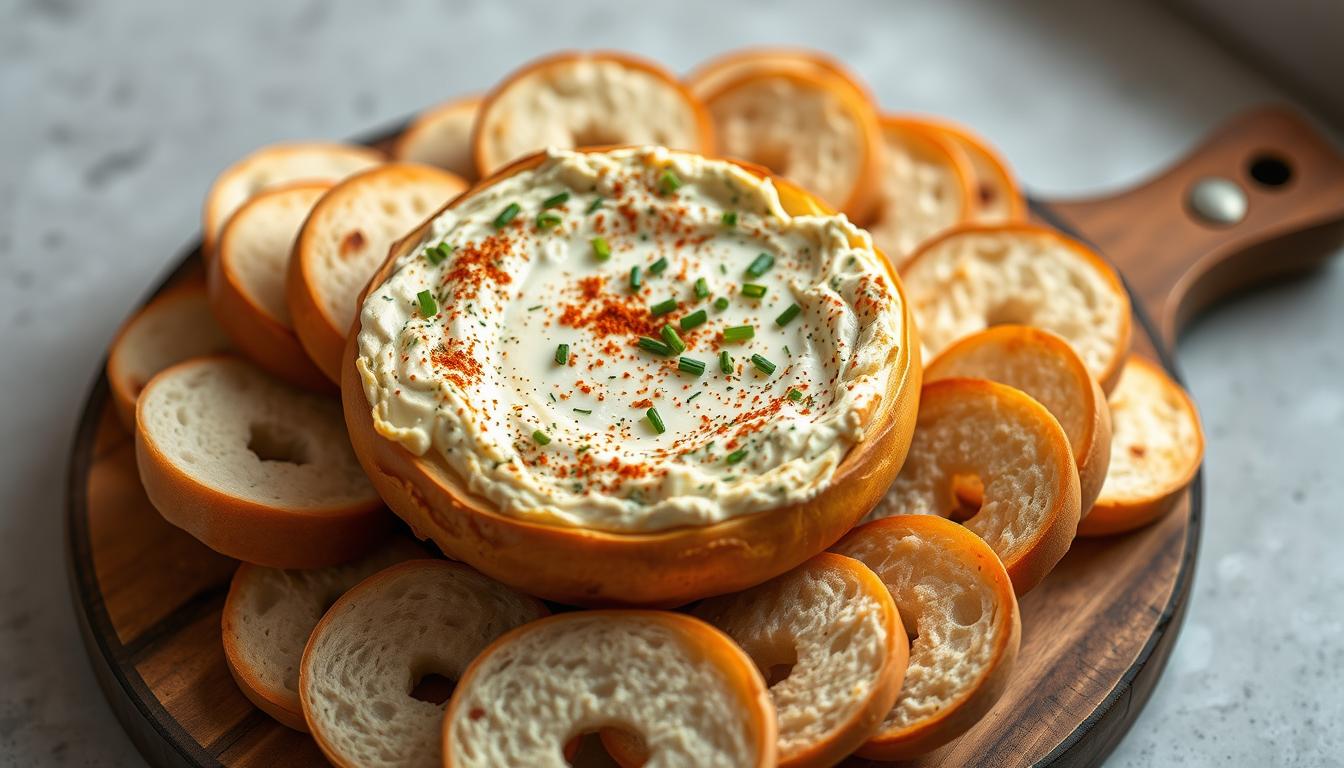 A bowl of creamy bagel dip surrounded by sliced bagels for dipping.