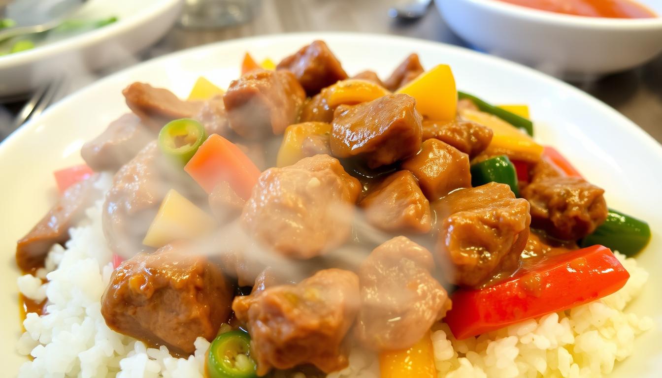 Beef stir fry meat sizzling in a hot pan with colorful vegetables.