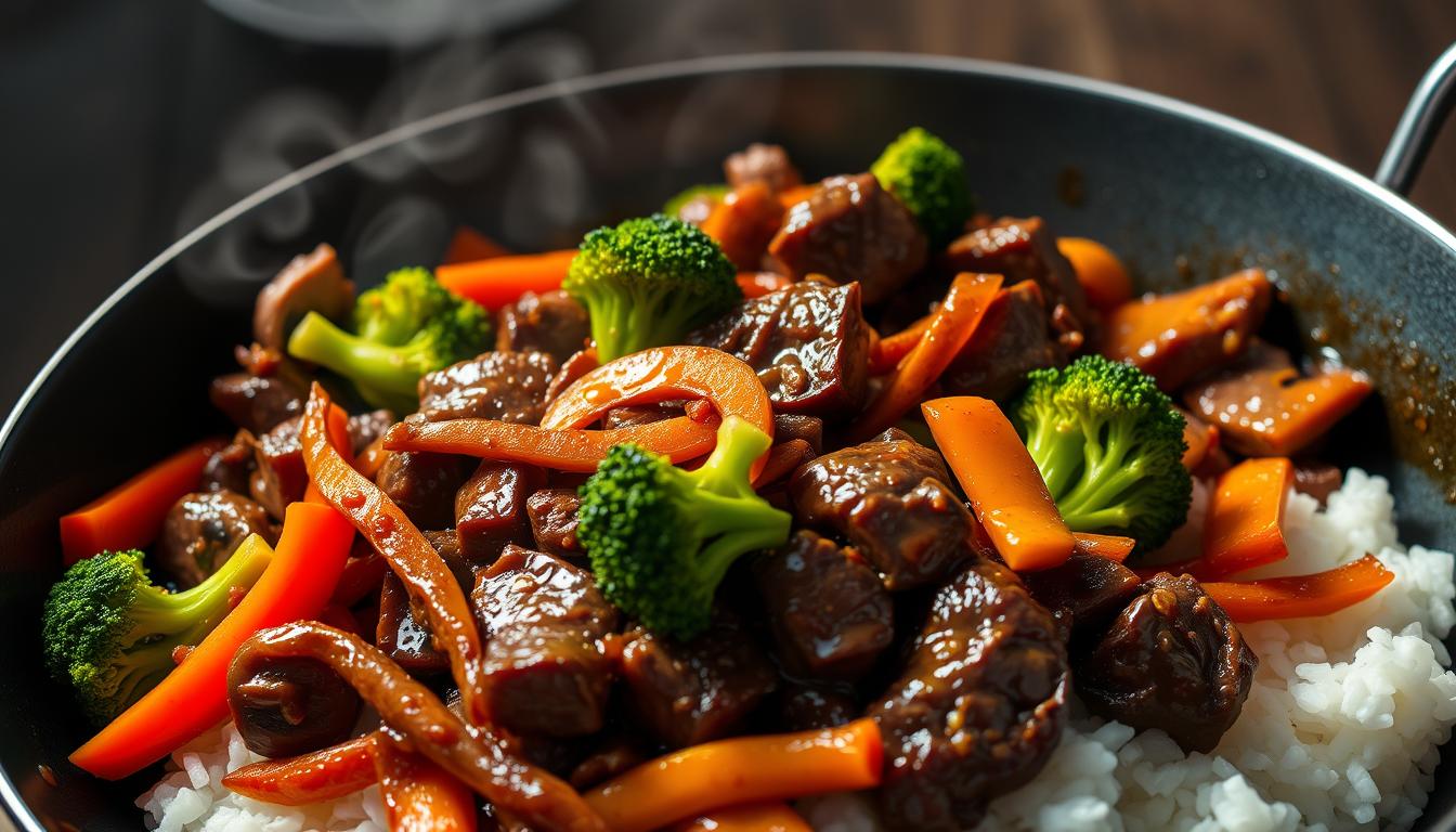 A delicious beef stir-fry with colorful vegetables in a savory sauce, served in a black wok.