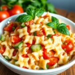 A colorful bow tie pasta salad with fresh vegetables and a light dressing.