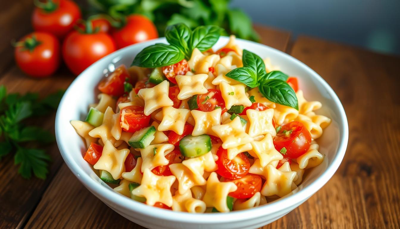 A colorful bow tie pasta salad with fresh vegetables and a light dressing.