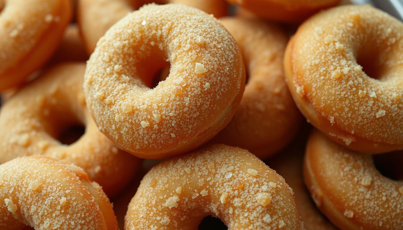 Homemade cake donuts with a golden-brown crust, dusted with powdered sugar and drizzled with glaze.