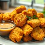 Crispy and golden homemade chicken nuggets served with dipping sauce on a plate.