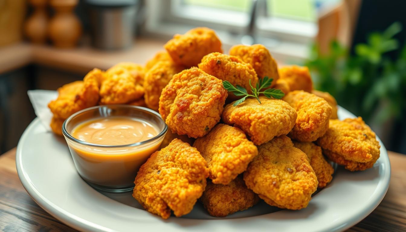 Crispy and golden homemade chicken nuggets served with dipping sauce on a plate.