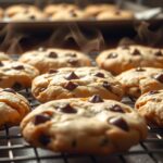 A close-up of freshly baked chocolate chip cookies on a cooling rack, with melted chocolate chips and a golden-brown texture.