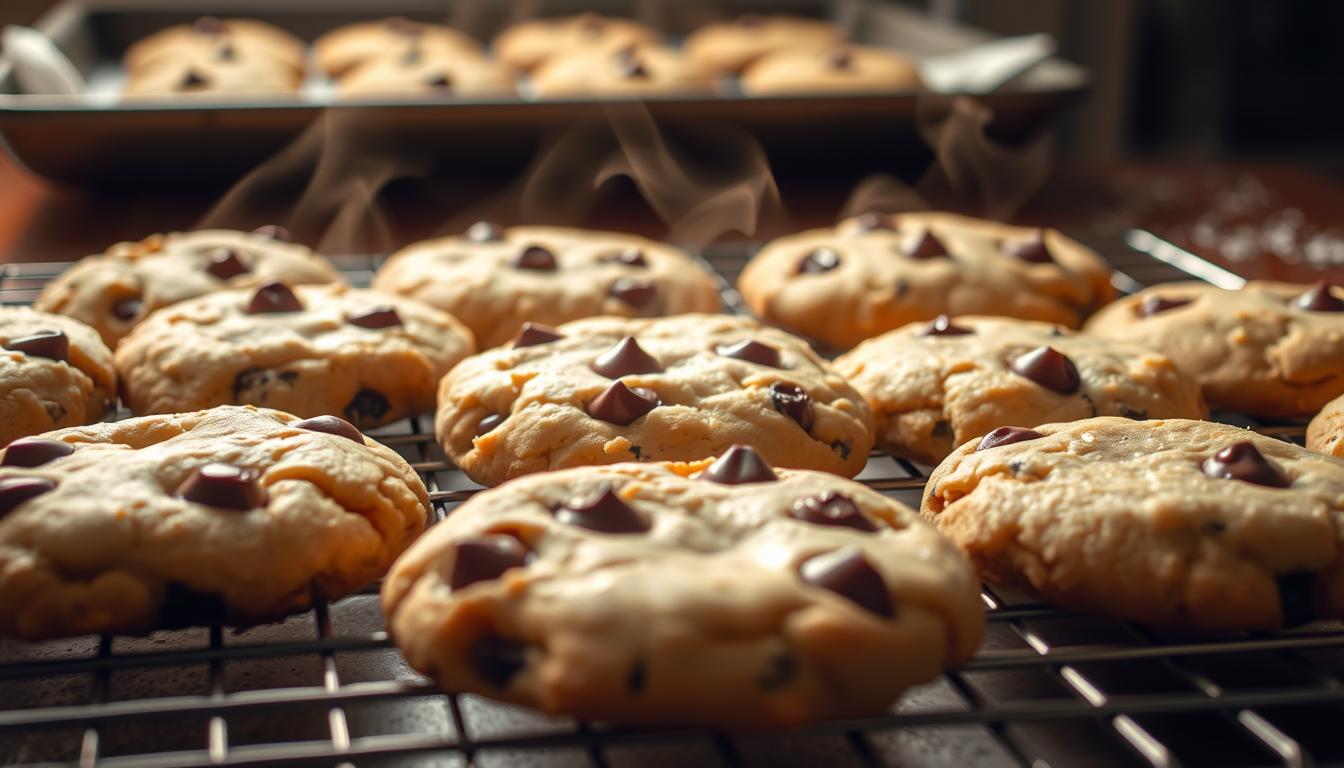 A close-up of freshly baked chocolate chip cookies on a cooling rack, with melted chocolate chips and a golden-brown texture.