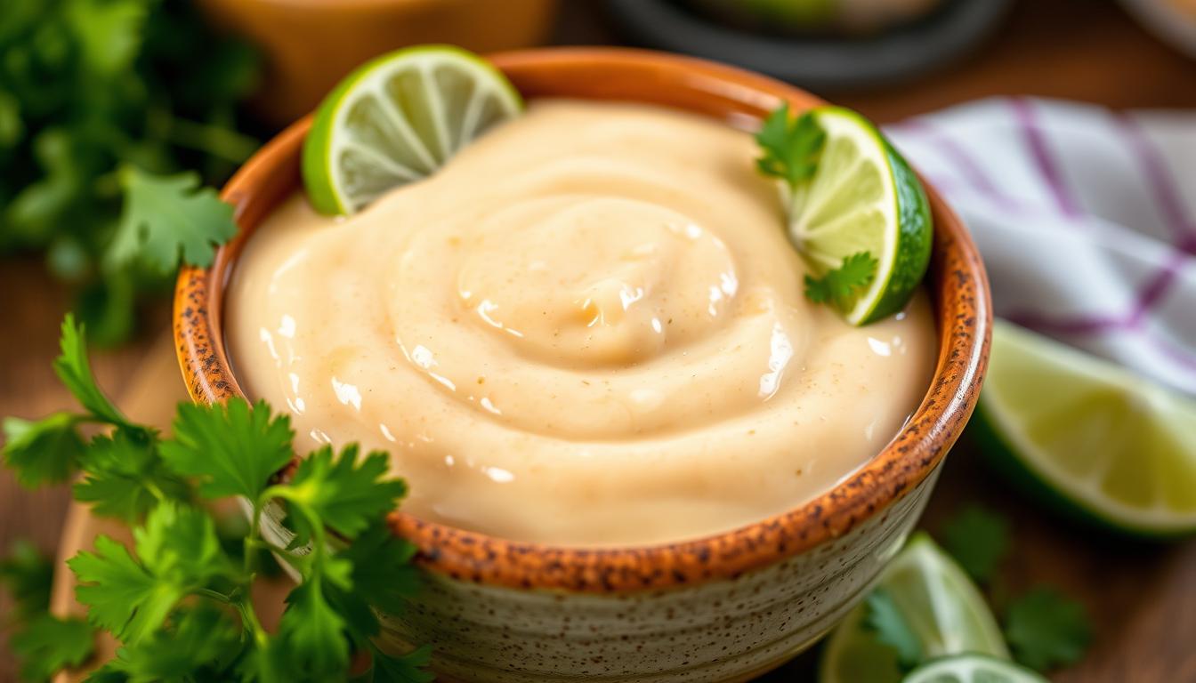 A creamy, tangy fish taco sauce made with mayonnaise, sour cream, lime juice, and spices, perfect for drizzling over fish tacos.