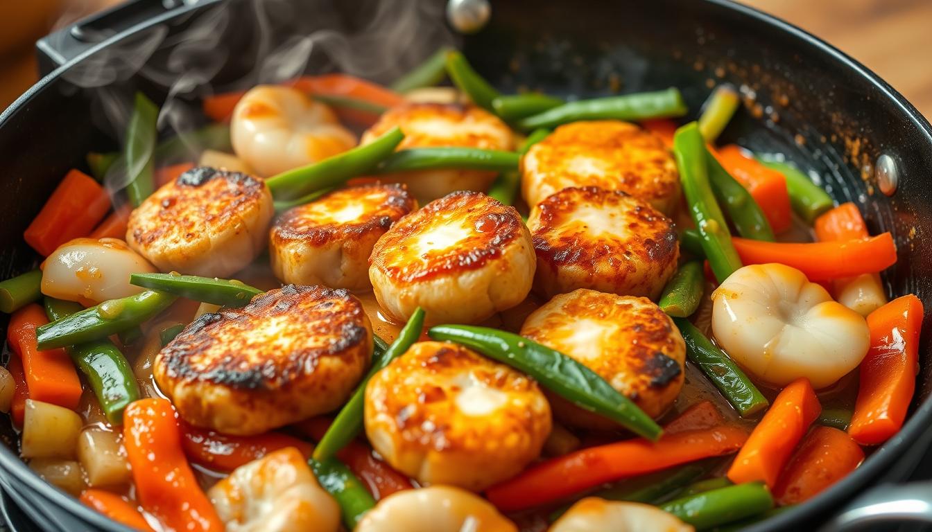 Delicious fishcakes and scallops stir fry served with vegetables