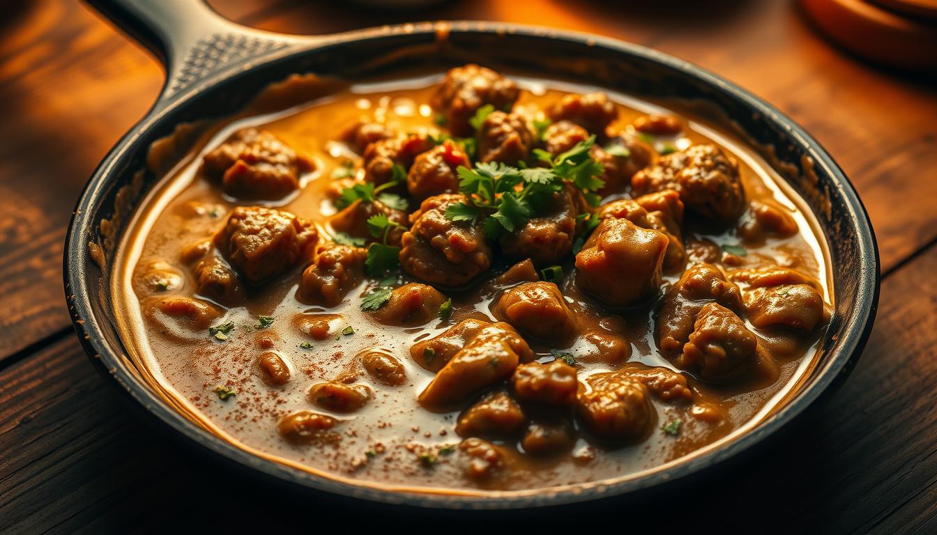 "A hearty serving of homemade hamburger gravy poured over mashed potatoes, garnished with fresh herbs.