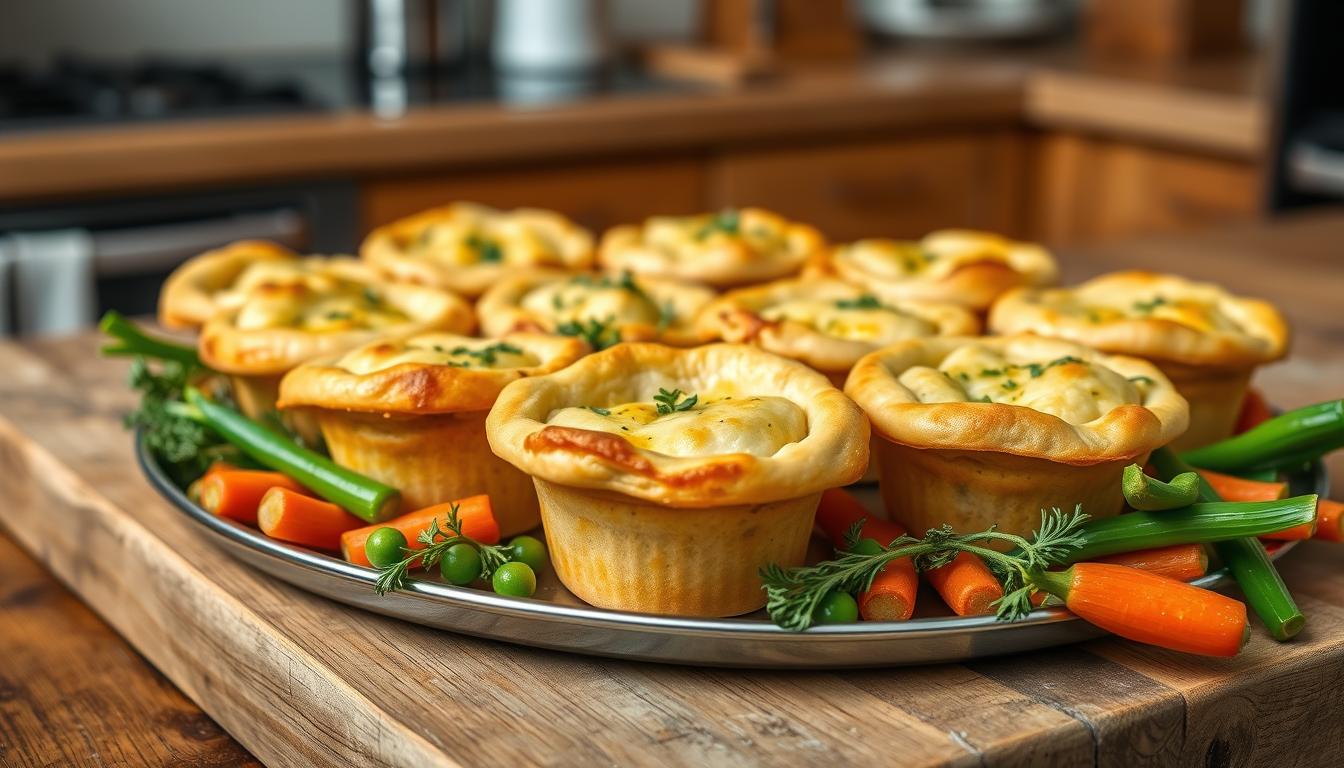 Golden-brown mini chicken pot pies with a flaky crust, filled with creamy chicken and vegetables.