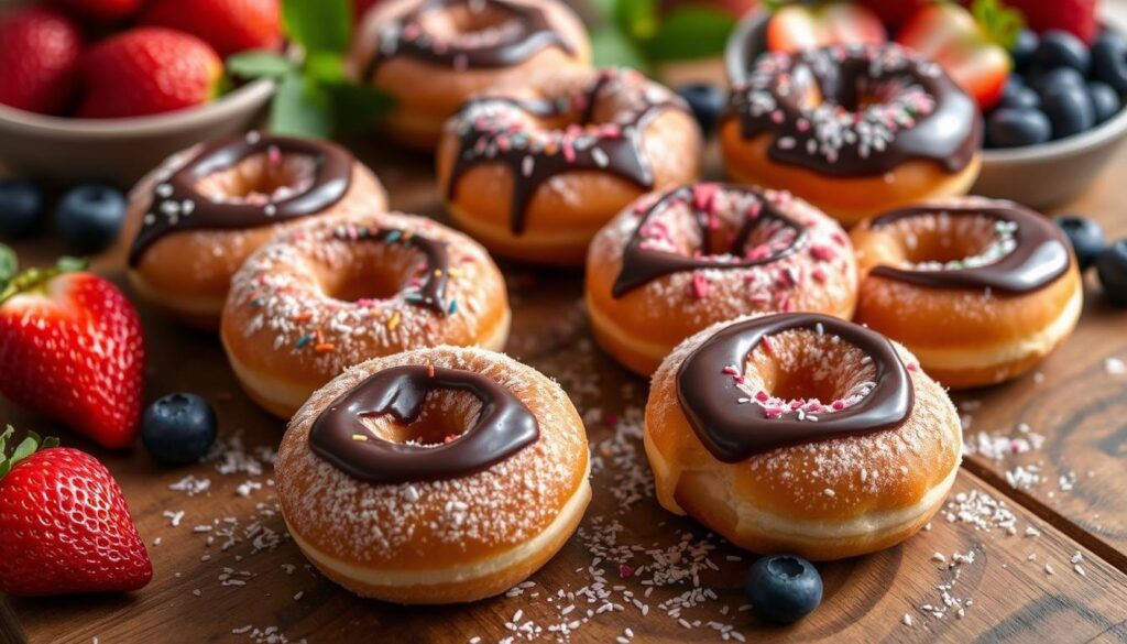 A plate of freshly baked mini donuts coated in sugar and topped with colorful sprinkles.