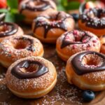 A plate of freshly baked mini donuts coated in sugar and topped with colorful sprinkles.