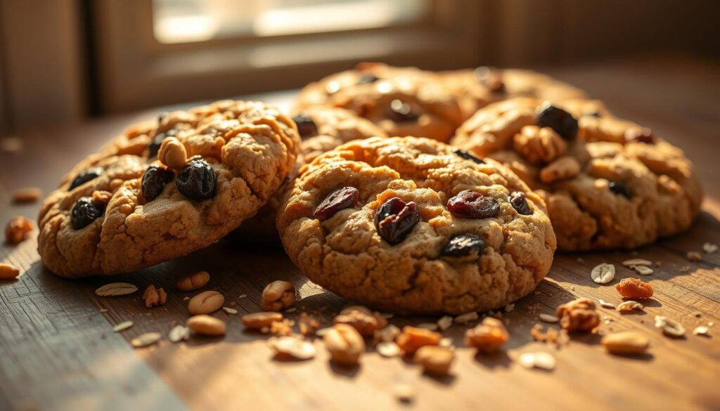 "A stack of homemade Quaker oatmeal cookies with a golden-brown texture, studded with raisins and oats