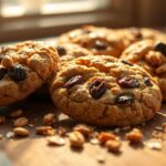 "A stack of homemade Quaker oatmeal cookies with a golden-brown texture, studded with raisins and oats