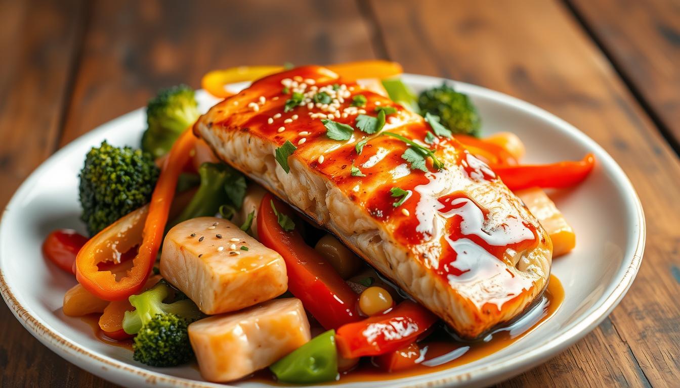 A delicious salmon stir-fry with colorful vegetables in a wok.