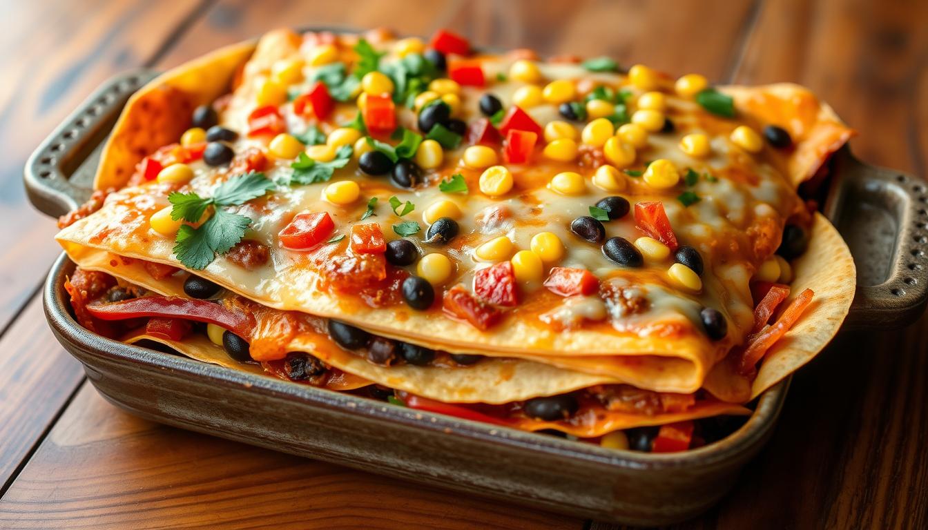 A hearty vegetarian Mexican lasagna layered with tortillas, black beans, cheese, vegetables, and spicy tomato sauce.